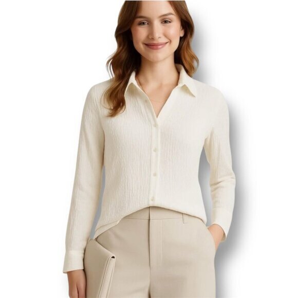J. Jill S Ivory Stretch Button-Up Blouse Textured Long Sleeve Work Top Office - Picture 1 of 9